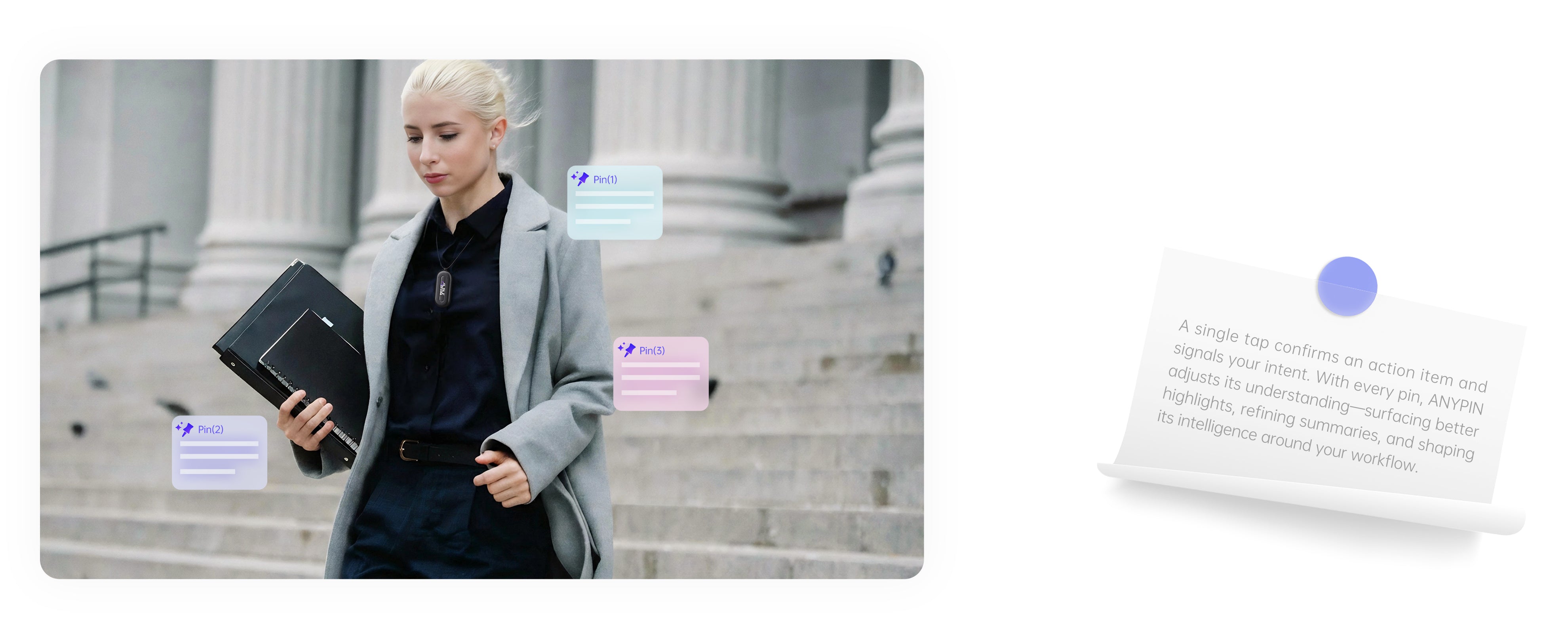 Woman wearing ANYPIN in front of classical architecture, with three highlighted to-do items