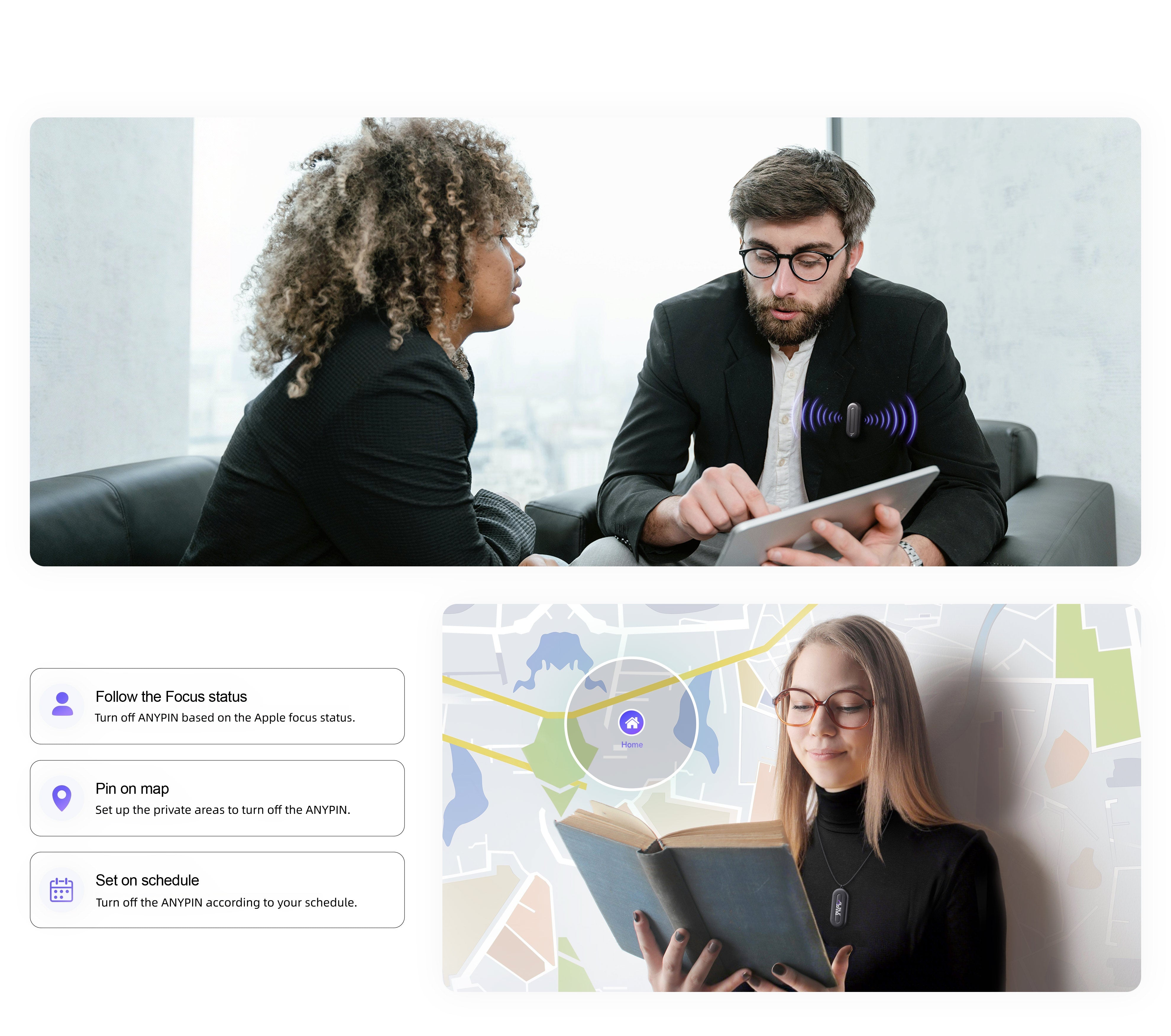 Two people in a professional setting using ANYPIN, and a woman reading a book at home with a recording device closed.